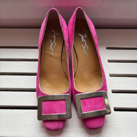 Pink stacked heel Pumps with Silver buckle - Picture 1 of 8